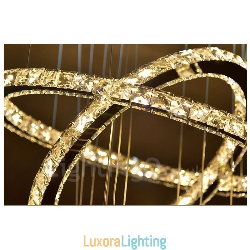 Designer Touch Decorative Dimmable Wi Fi Smart Three Light Source Colours 5 Rings Modern Crystal Ceiling Pendant Light Indoor Chandelier