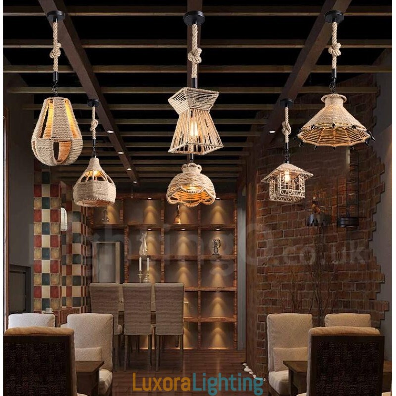 Designer Touch Decorative 1 Light Rustic Lodge Pendant Light Cafe Hemp Rope Pendant Lamp