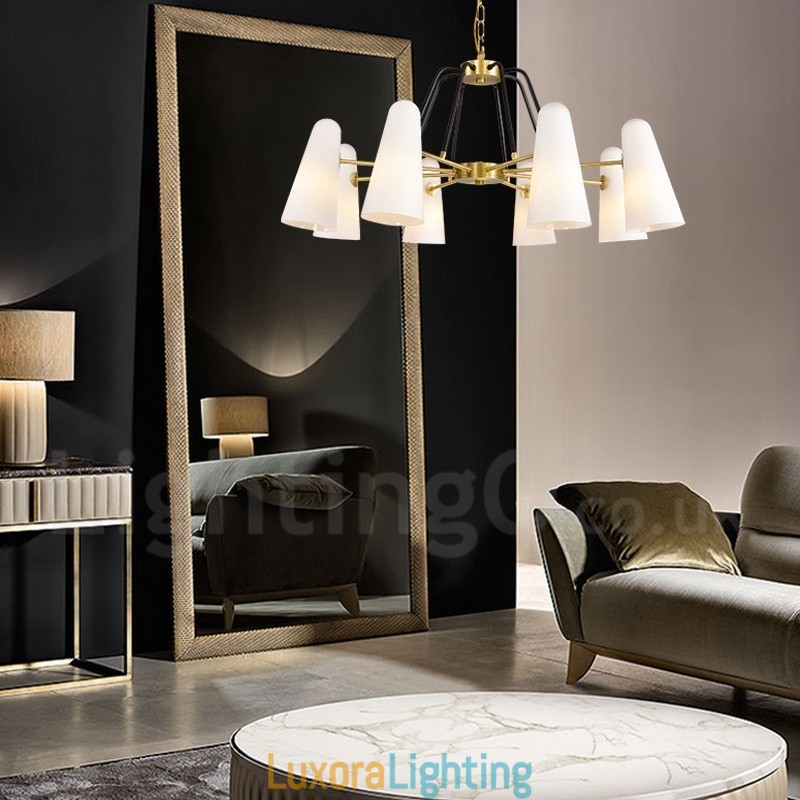 Designer Touch Decorative 8 Light Retro Rustic Luxury Brass Pendant Lamp Chandelier with Glass Shade