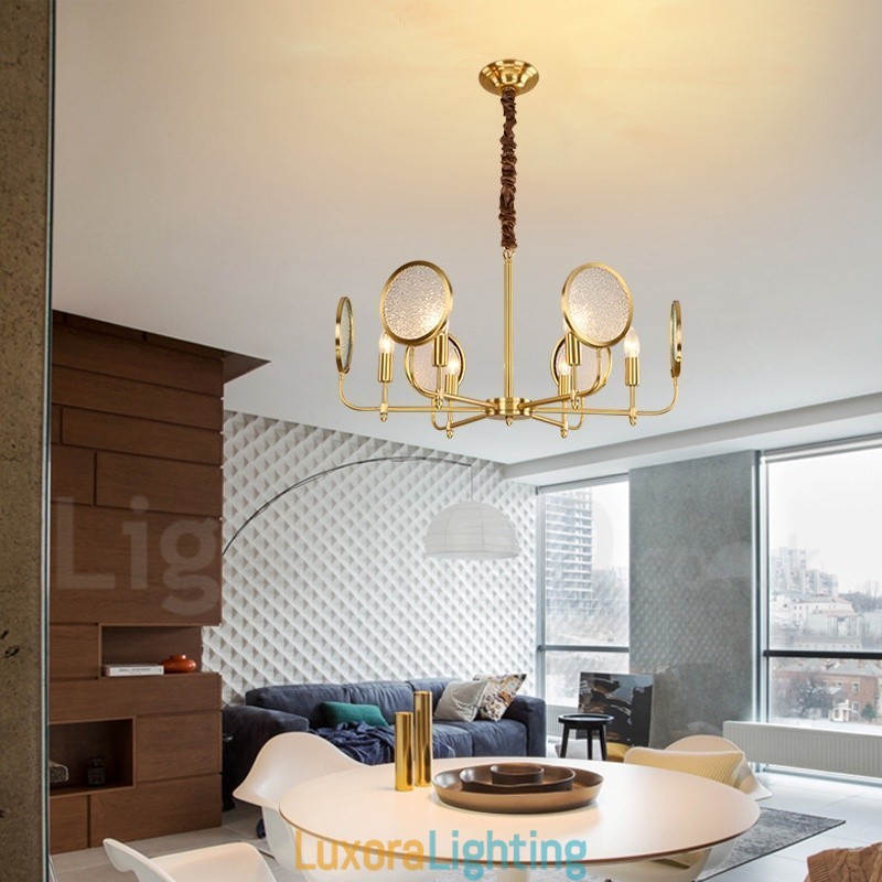 Designer Touch Decorative 6 Light Retro Rustic Luxury Brass Pendant Lamp Chandelier with Glass Shade