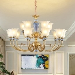 Designer Touch Decorative 15 Light Retro Rustic Luxury Brass Pendant Lamp Chandelier with Glass Shade