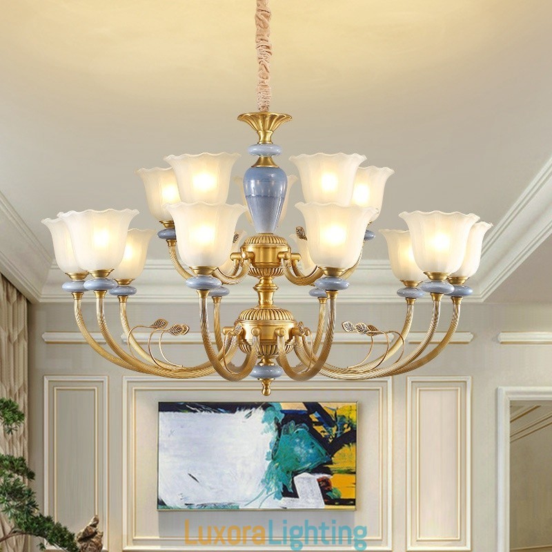 Designer Touch Decorative 15 Light Retro Rustic Luxury Brass Pendant Lamp Chandelier with Glass Shade