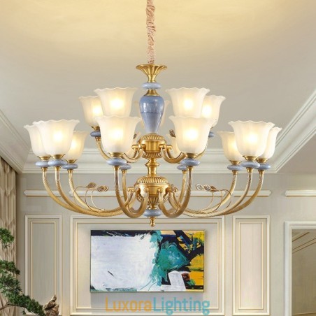 Designer Touch Decorative 15 Light Retro Rustic Luxury Brass Pendant Lamp Chandelier with Glass Shade