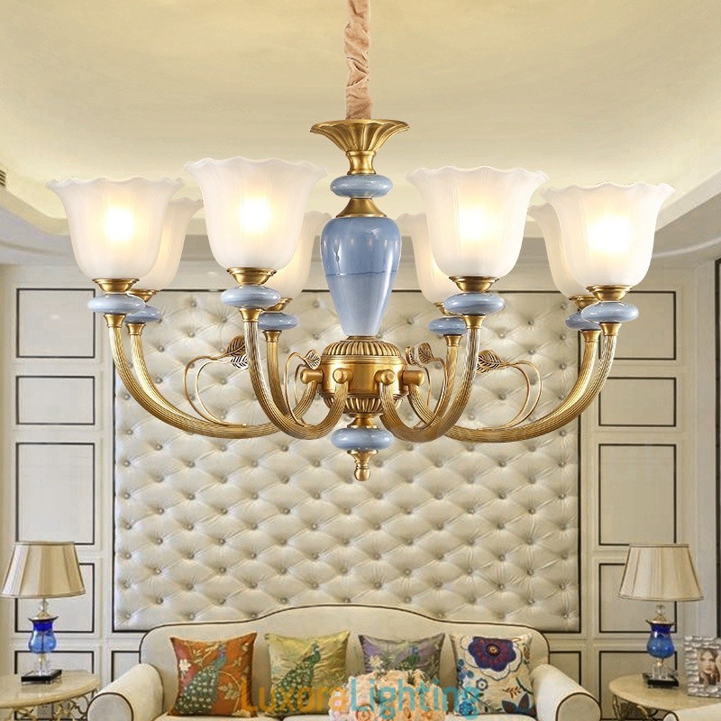 Designer Touch Decorative 8 Light Retro Rustic Luxury Brass Pendant Lamp Chandelier with Glass Shade