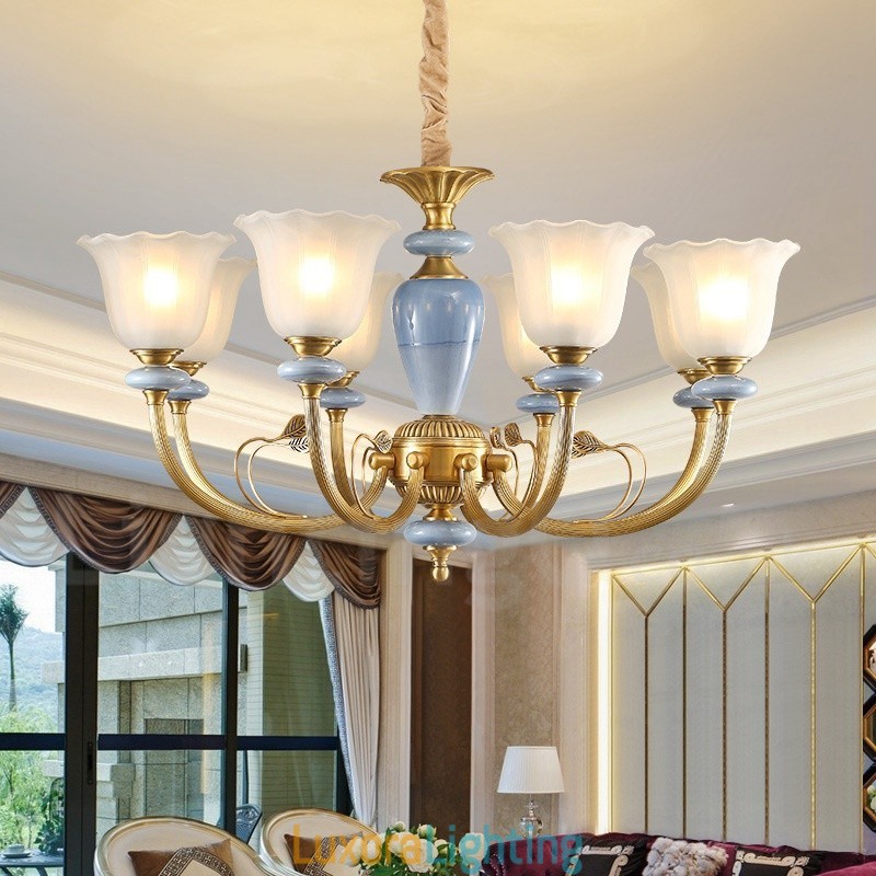 Designer Touch Decorative 8 Light Retro Rustic Luxury Brass Pendant Lamp Chandelier with Glass Shade