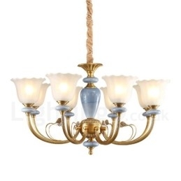 Designer Touch Decorative 8 Light Retro Rustic Luxury Brass Pendant Lamp Chandelier with Glass Shade