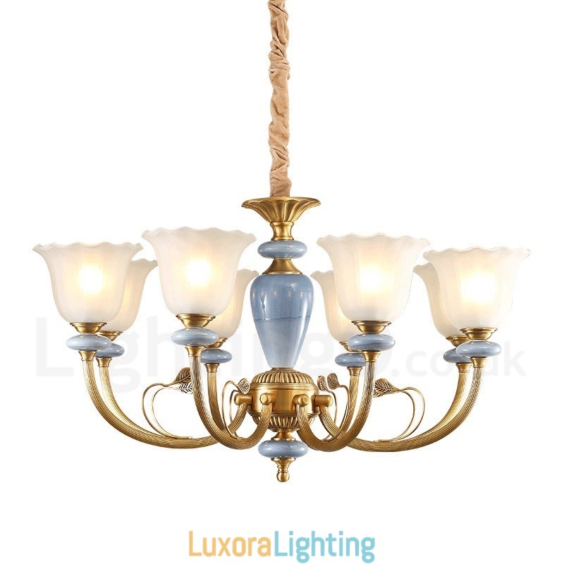 Designer Touch Decorative 8 Light Retro Rustic Luxury Brass Pendant Lamp Chandelier with Glass Shade