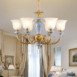 Designer Touch Decorative 6 Light Retro Rustic Luxury Brass Pendant Lamp Chandelier with Glass Shade