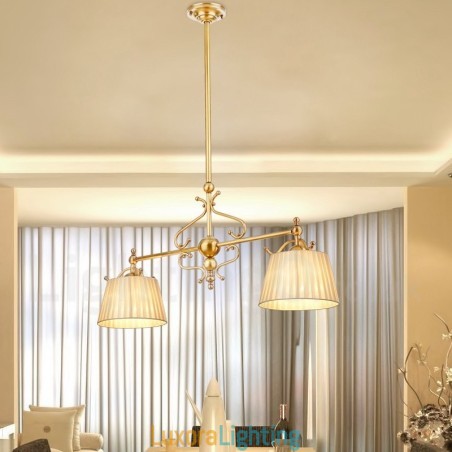 Designer Touch Decorative 2 Light Retro Rustic Luxury Brass Pendant Lamp Chandelier with Fabric Shade
