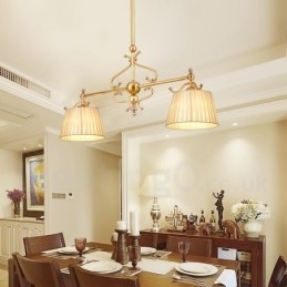 Designer Touch Decorative 2 Light Retro Rustic Luxury Brass Pendant Lamp Chandelier with Fabric Shade