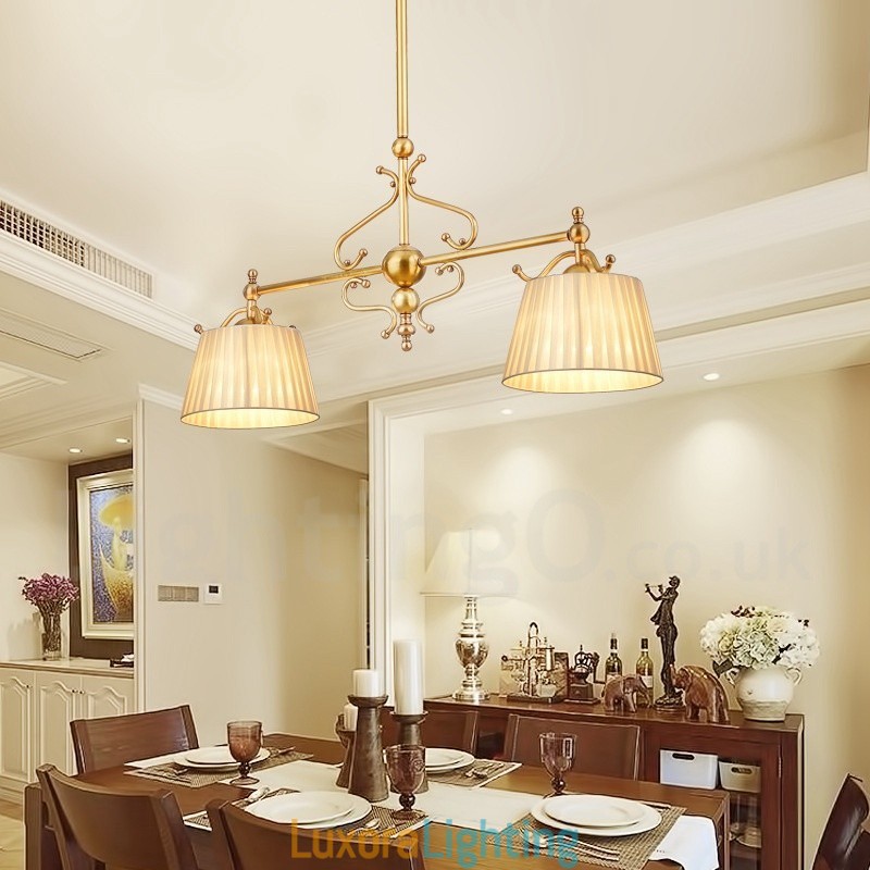 Designer Touch Decorative 2 Light Retro Rustic Luxury Brass Pendant Lamp Chandelier with Fabric Shade