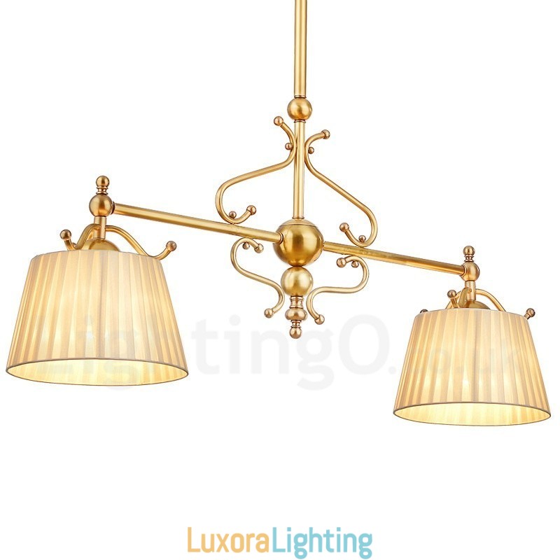 Designer Touch Decorative 2 Light Retro Rustic Luxury Brass Pendant Lamp Chandelier with Fabric Shade