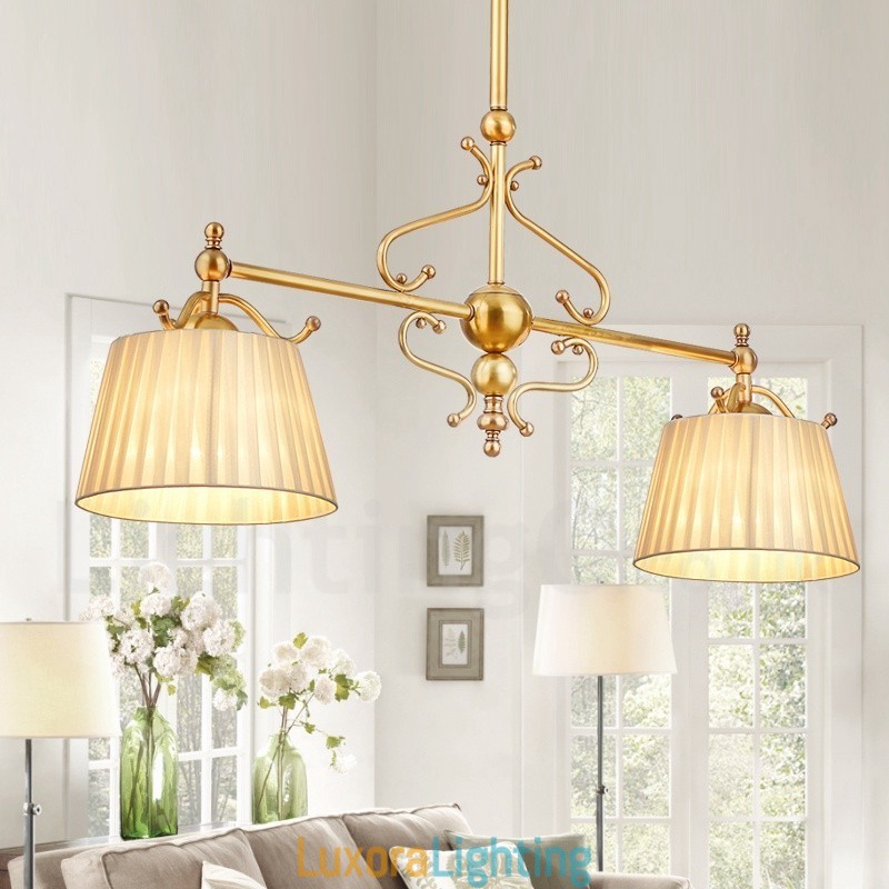 Designer Touch Decorative 2 Light Retro Rustic Luxury Brass Pendant Lamp Chandelier with Fabric Shade