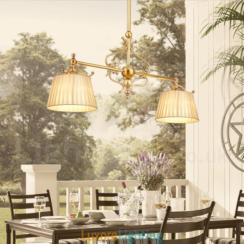 Designer Touch Decorative 2 Light Retro Rustic Luxury Brass Pendant Lamp Chandelier with Fabric Shade