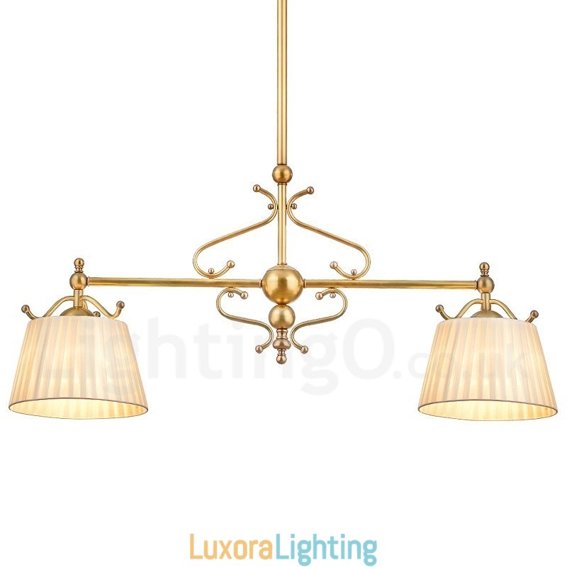 Designer Touch Decorative 2 Light Retro Rustic Luxury Brass Pendant Lamp Chandelier with Fabric Shade
