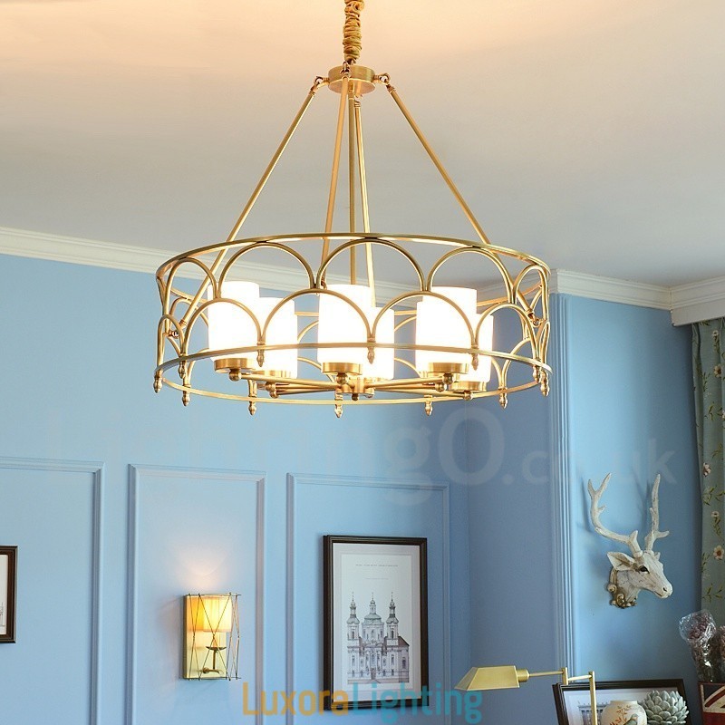 Designer Touch Decorative 8 Light Retro Rustic Luxury Brass Pendant Lamp Chandelier with Glass Shade