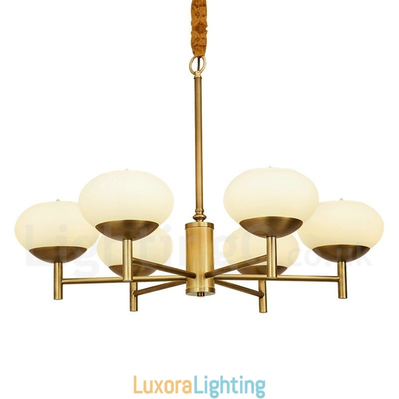 Designer Touch Decorative 6 Light Retro Rustic Luxury Brass Pendant Lamp Chandelier with Glass Shade