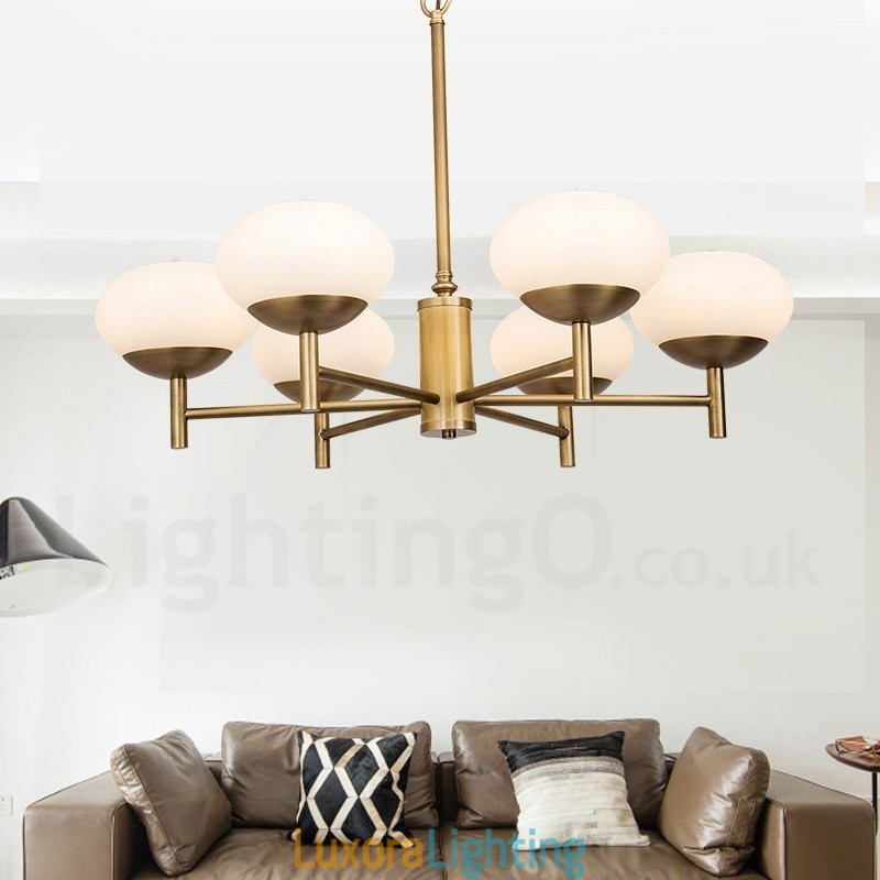 Designer Touch Decorative 6 Light Retro Rustic Luxury Brass Pendant Lamp Chandelier with Glass Shade