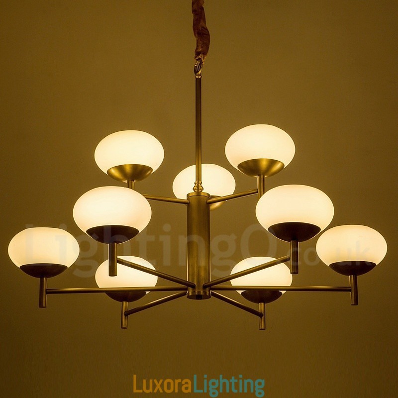Designer Touch Decorative 9 Light Retro Rustic Luxury Brass Pendant Lamp Chandelier with Glass Shade