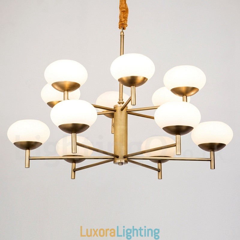 Designer Touch Decorative 12 Light Retro Rustic Luxury Brass Pendant Lamp Chandelier with Glass Shade