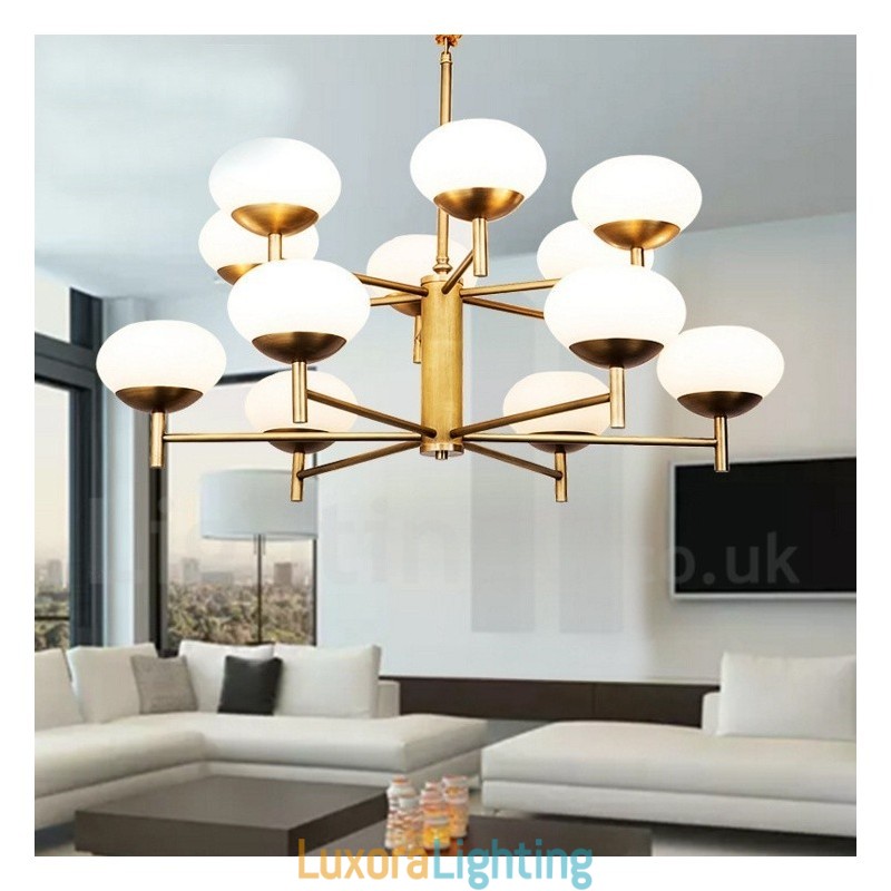 Designer Touch Decorative 12 Light Retro Rustic Luxury Brass Pendant Lamp Chandelier with Glass Shade