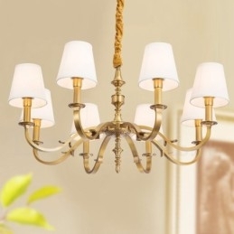 Designer Touch Decorative 8 Light Retro Rustic Luxury Brass Pendant Lamp Chandelier with Fabric Shade