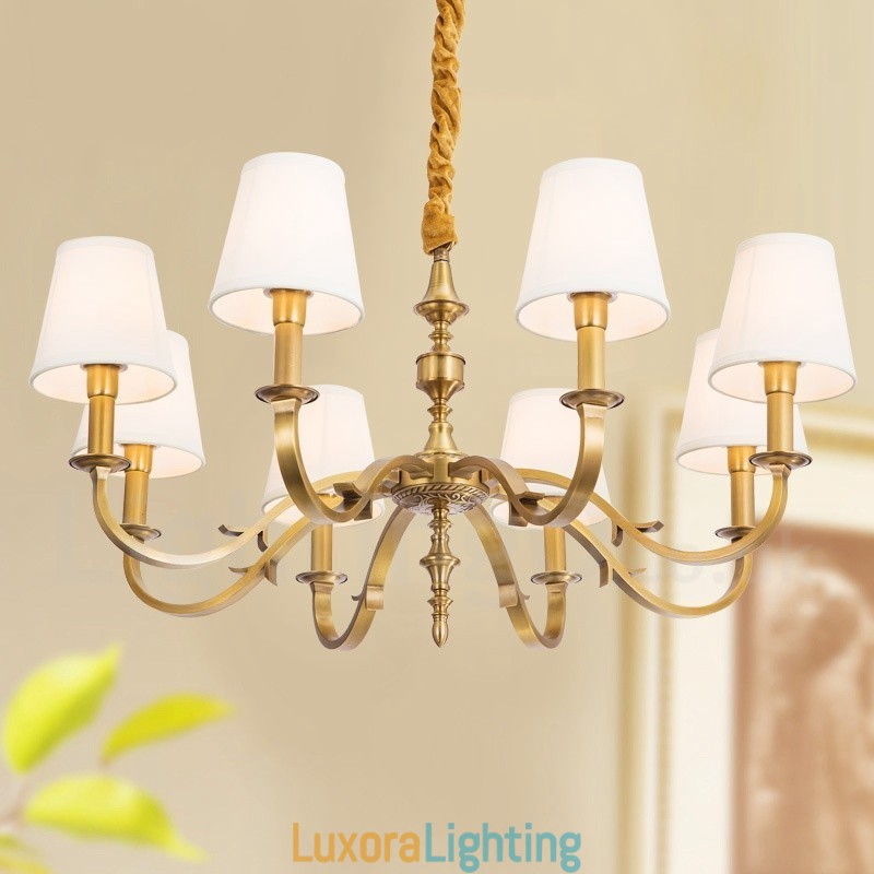 Designer Touch Decorative 8 Light Retro Rustic Luxury Brass Pendant Lamp Chandelier with Fabric Shade