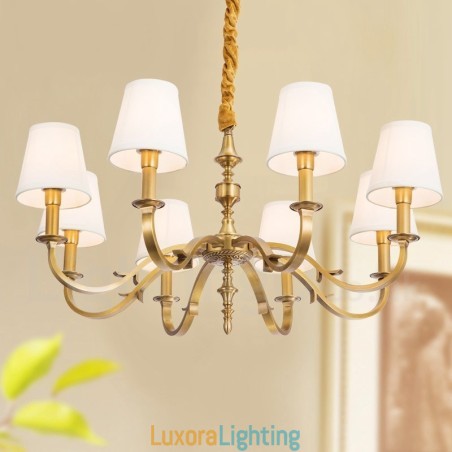 Designer Touch Decorative 8 Light Retro Rustic Luxury Brass Pendant Lamp Chandelier with Fabric Shade