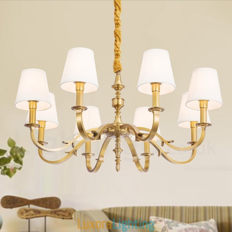 Designer Touch Decorative 8 Light Retro Rustic Luxury Brass Pendant Lamp Chandelier with Fabric Shade