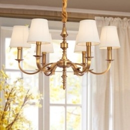 Designer Touch Decorative 6 Light Retro Rustic Luxury Brass Pendant Lamp Chandelier with Fabric Shade