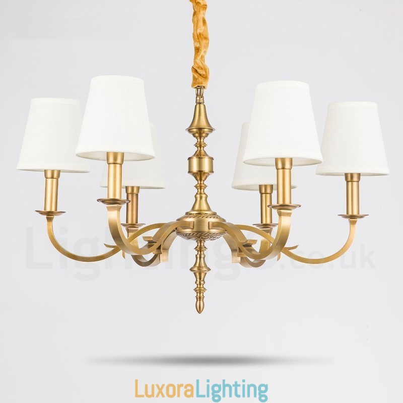 Designer Touch Decorative 6 Light Retro Rustic Luxury Brass Pendant Lamp Chandelier with Fabric Shade
