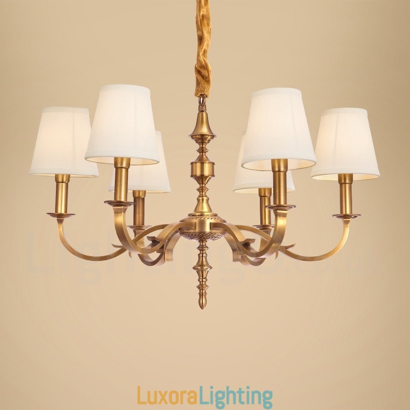 Designer Touch Decorative 6 Light Retro Rustic Luxury Brass Pendant Lamp Chandelier with Fabric Shade