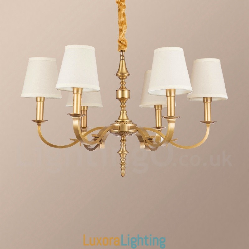 Designer Touch Decorative 6 Light Retro Rustic Luxury Brass Pendant Lamp Chandelier with Fabric Shade
