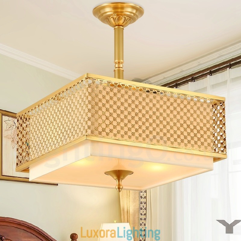 Designer Touch Decorative 4 Light Retro Rustic Luxury Brass Pendant Lamp Chandelier with Fabric Shade