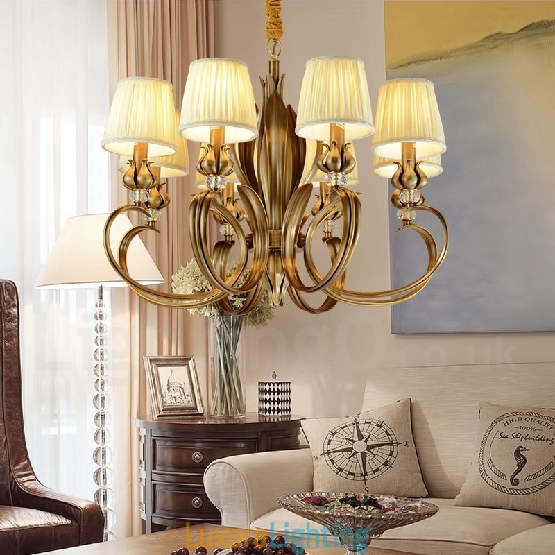Designer Touch Decorative 8 Light Retro Rustic Luxury Brass Pendant Lamp Chandelier with Fabric Shade