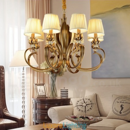 Designer Touch Decorative 8 Light Retro Rustic Luxury Brass Pendant Lamp Chandelier with Fabric Shade