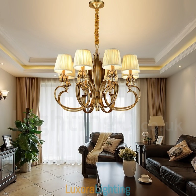 Designer Touch Decorative 8 Light Retro Rustic Luxury Brass Pendant Lamp Chandelier with Fabric Shade