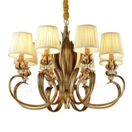 Designer Touch Decorative 8 Light Retro Rustic Luxury Brass Pendant Lamp Chandelier with Fabric Shade