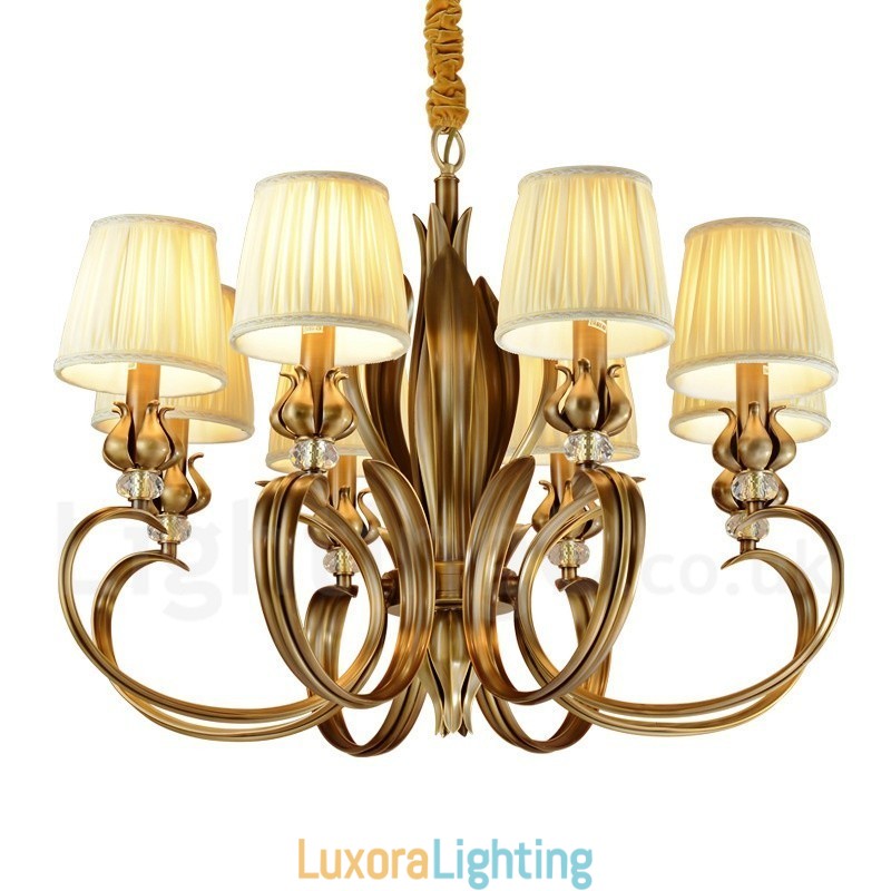 Designer Touch Decorative 8 Light Retro Rustic Luxury Brass Pendant Lamp Chandelier with Fabric Shade
