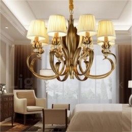 Designer Touch Decorative 8 Light Retro Rustic Luxury Brass Pendant Lamp Chandelier with Fabric Shade