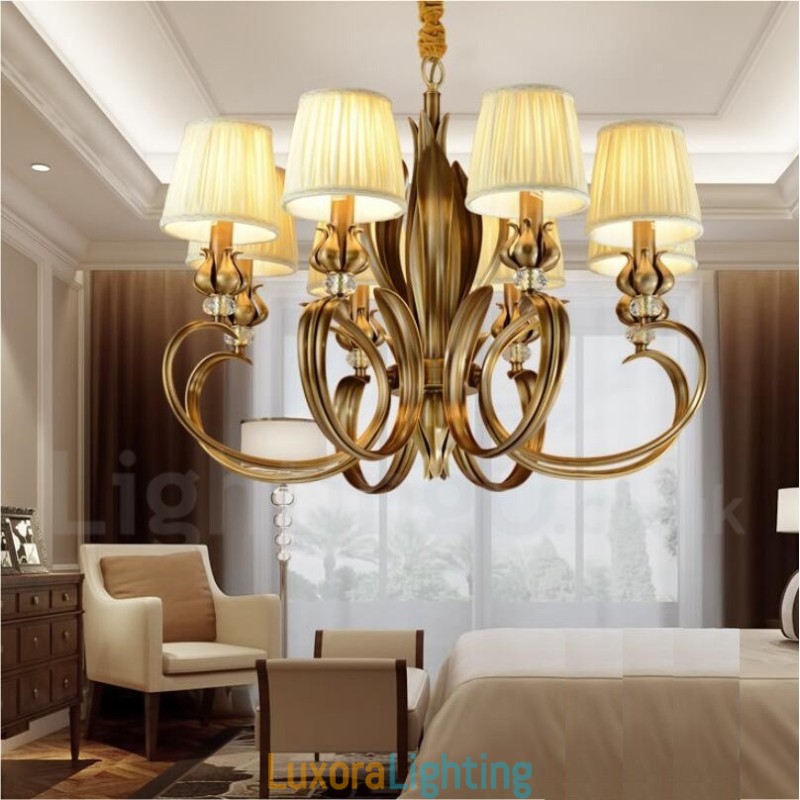 Designer Touch Decorative 8 Light Retro Rustic Luxury Brass Pendant Lamp Chandelier with Fabric Shade
