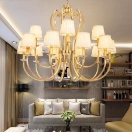 Designer Touch Decorative 18 Light Retro Rustic Luxury Brass Pendant Lamp Chandelier with Fabric Shade