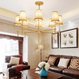 Designer Touch Decorative 8 Light Retro Rustic Luxury Brass Pendant Lamp Chandelier with Fabric Shade
