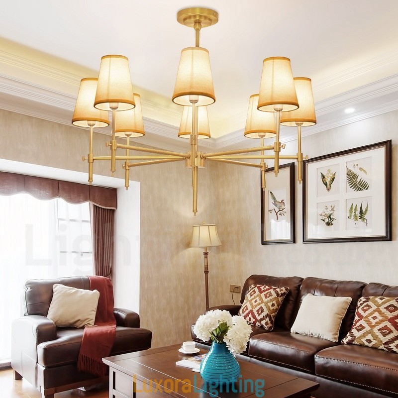 Designer Touch Decorative 8 Light Retro Rustic Luxury Brass Pendant Lamp Chandelier with Fabric Shade