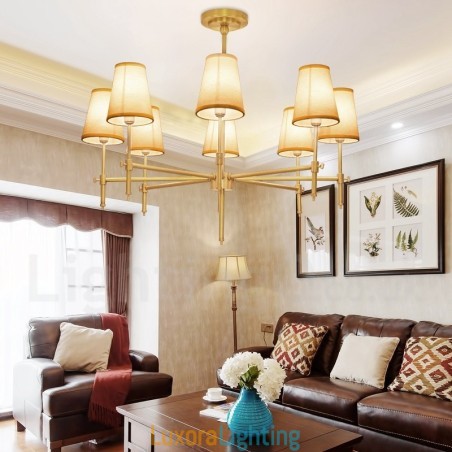 Designer Touch Decorative 8 Light Retro Rustic Luxury Brass Pendant Lamp Chandelier with Fabric Shade
