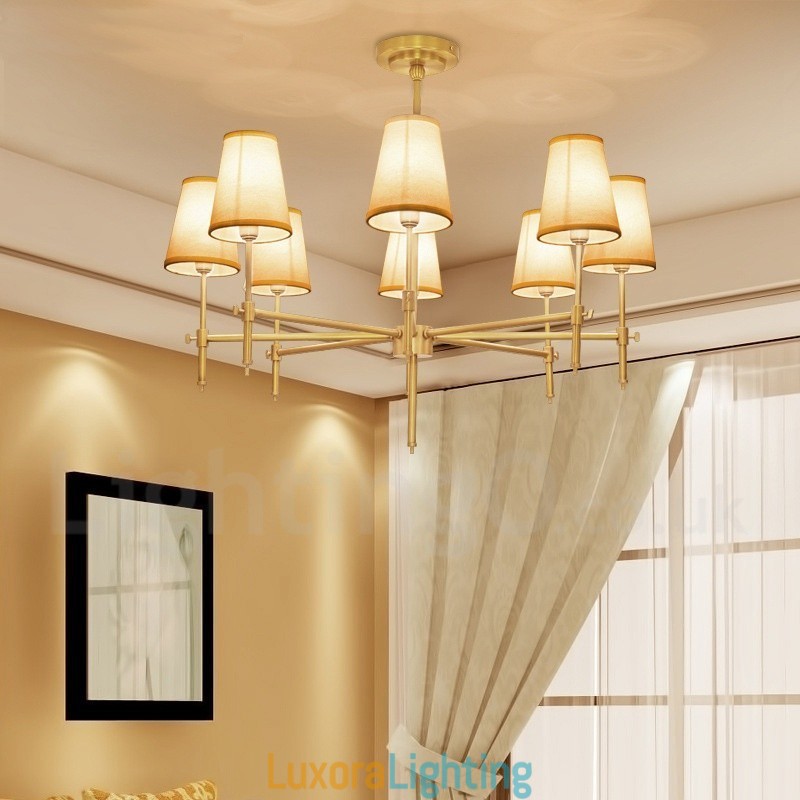Designer Touch Decorative 8 Light Retro Rustic Luxury Brass Pendant Lamp Chandelier with Fabric Shade