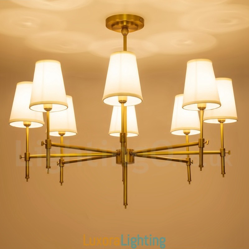 Designer Touch Decorative 8 Light Retro Rustic Luxury Brass Pendant Lamp Chandelier with Fabric Shade