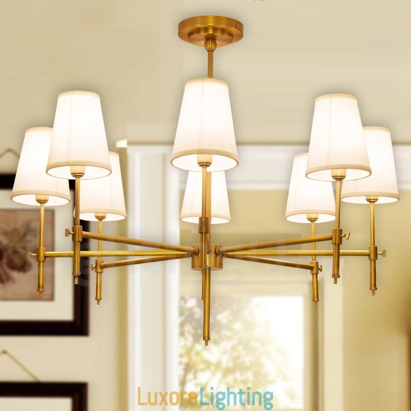 Designer Touch Decorative 8 Light Retro Rustic Luxury Brass Pendant Lamp Chandelier with Fabric Shade