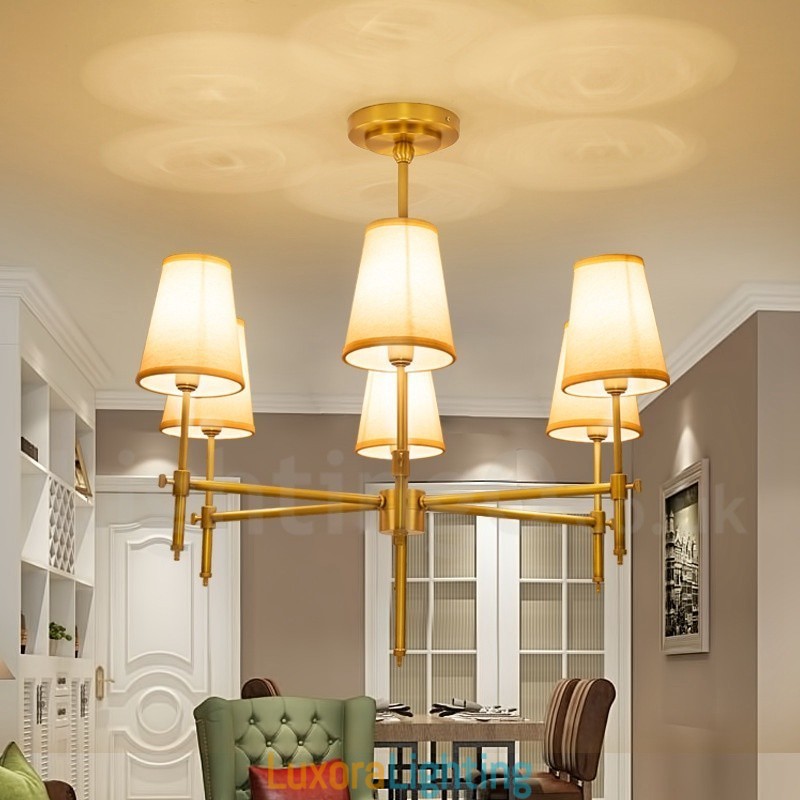 Designer Touch Decorative 6 Light Retro Rustic Luxury Brass Pendant Lamp Chandelier with Fabric Shade