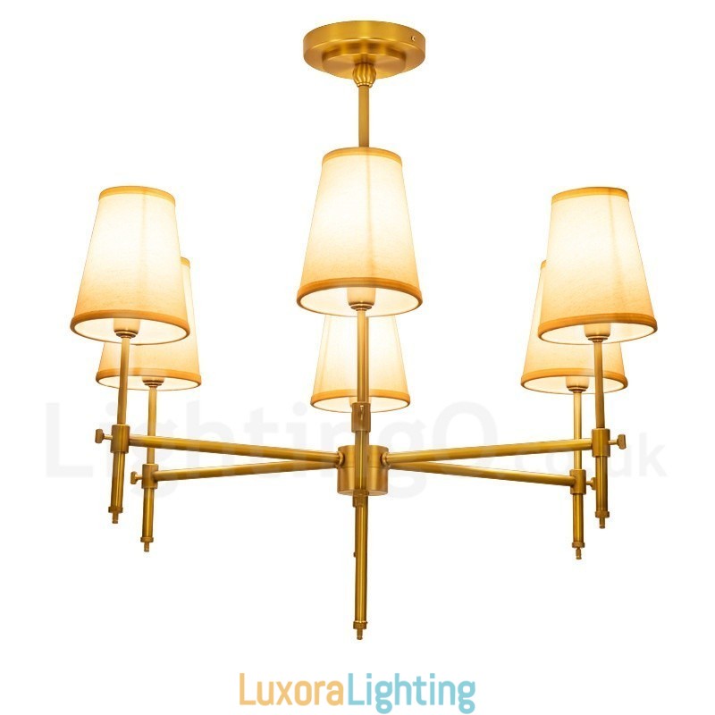 Designer Touch Decorative 6 Light Retro Rustic Luxury Brass Pendant Lamp Chandelier with Fabric Shade